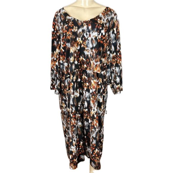 Roaman's 24W Brown-Gray Floral Layered V-Neckline 3/4 Sleeve Below Knee Dress - Picture 2 of 6